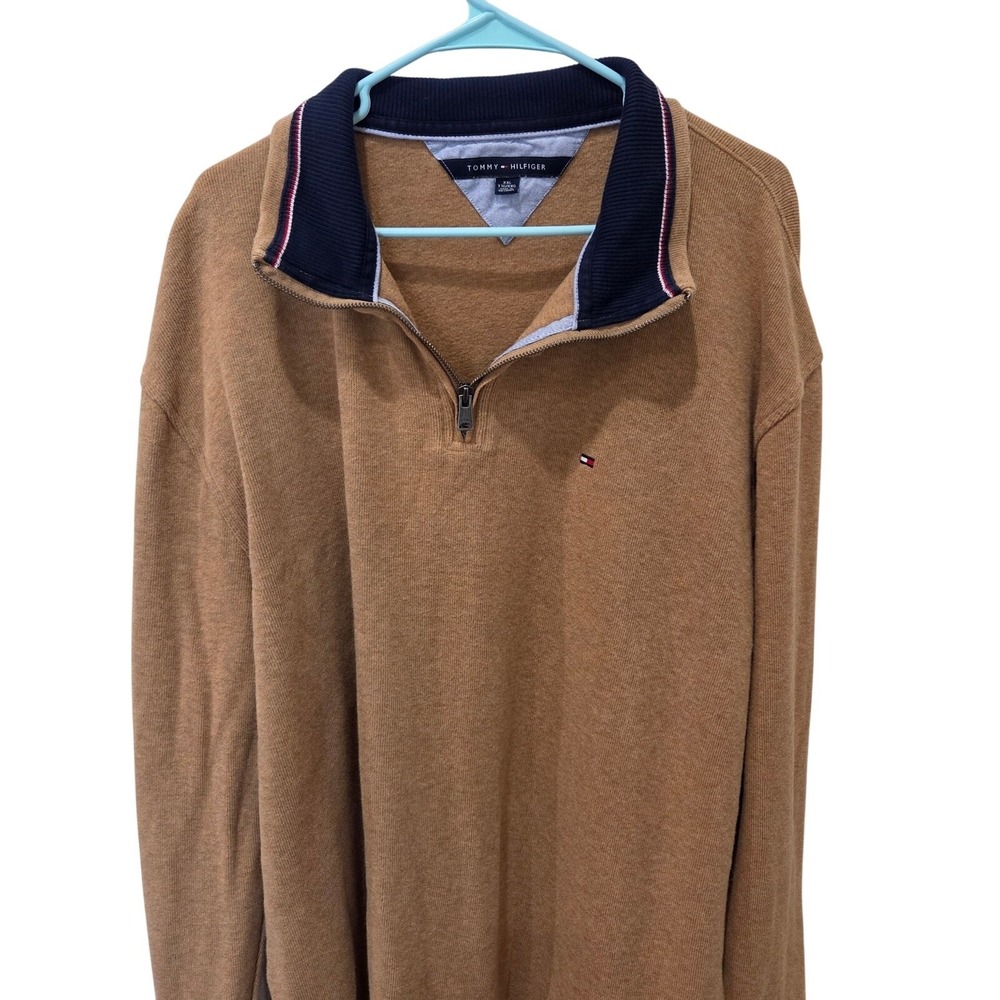 Tommy Hilfiger Mens XXL Quarter Zip Sweater Camel Tan Navy Ribbed Pullover